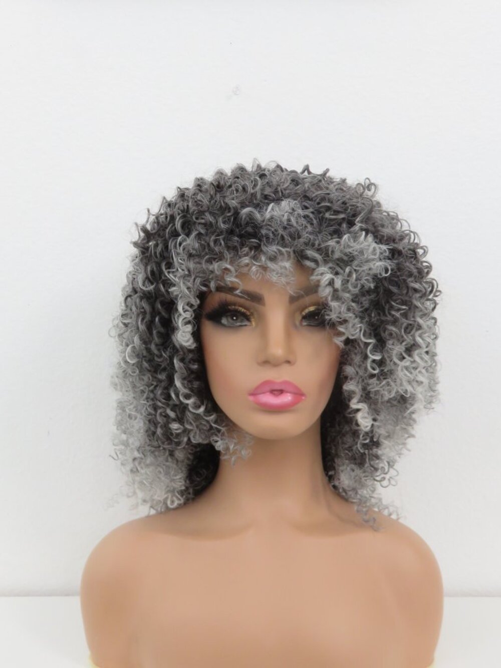 (#142) Curly Wig Kinky Curly Afro Wig with Bangs Ombre Gray Synthetic